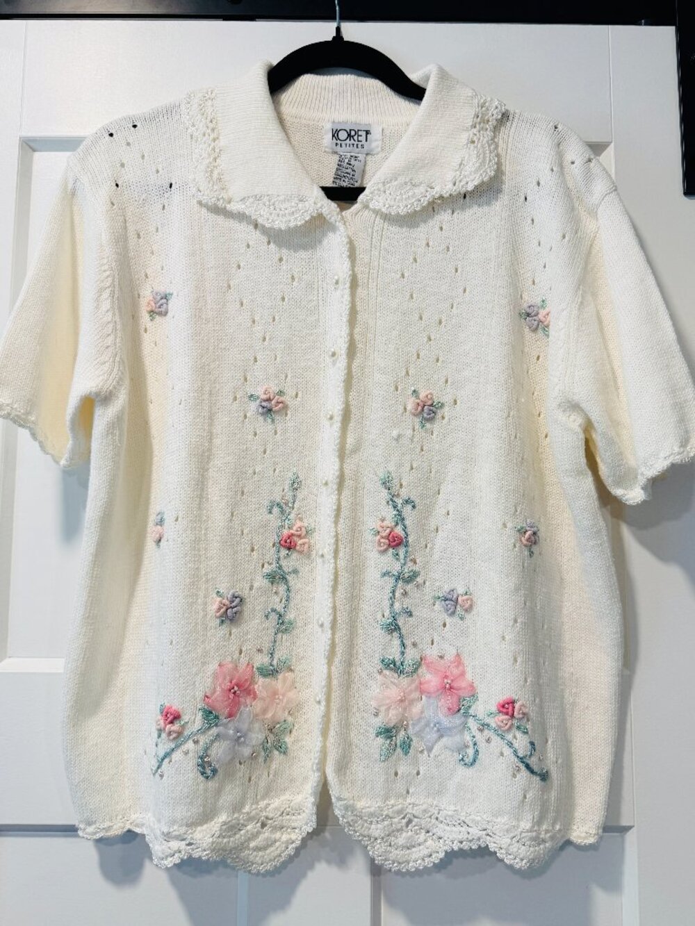 Vintage Koret Short-Sleeve Button-Front Sweater w/ Applique & Ribbon Flowers